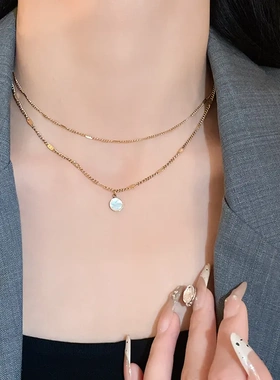 钛钢圆形贝母双层项链韩系简约气质锁骨链网红设计高级感项饰