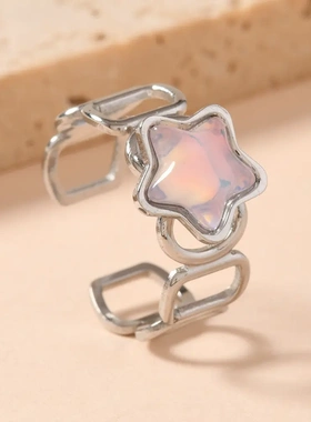 欧美潮流不锈钢开口戒指清新多巴胺切割星星镶钻戒指轻奢钛钢饰品