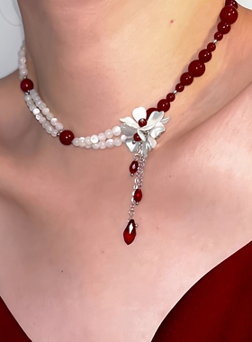 复古双层撞色红色串珠花朵choker项链女小众高级锁骨链叠戴脖颈链