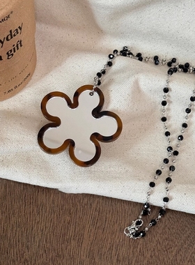 豹纹设计感小猫镜子吊坠项链女叠戴长款锁骨链可爱百搭补妆镜颈链