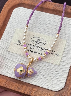 中国风紫色葫芦长款珍珠项链女生小众高级感天然石串珠彩色锁骨链