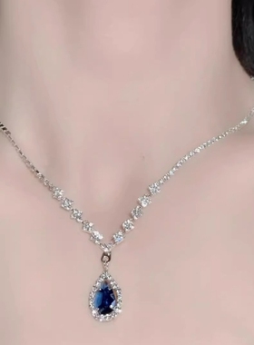 清冷感墨蓝色水滴满钻项链