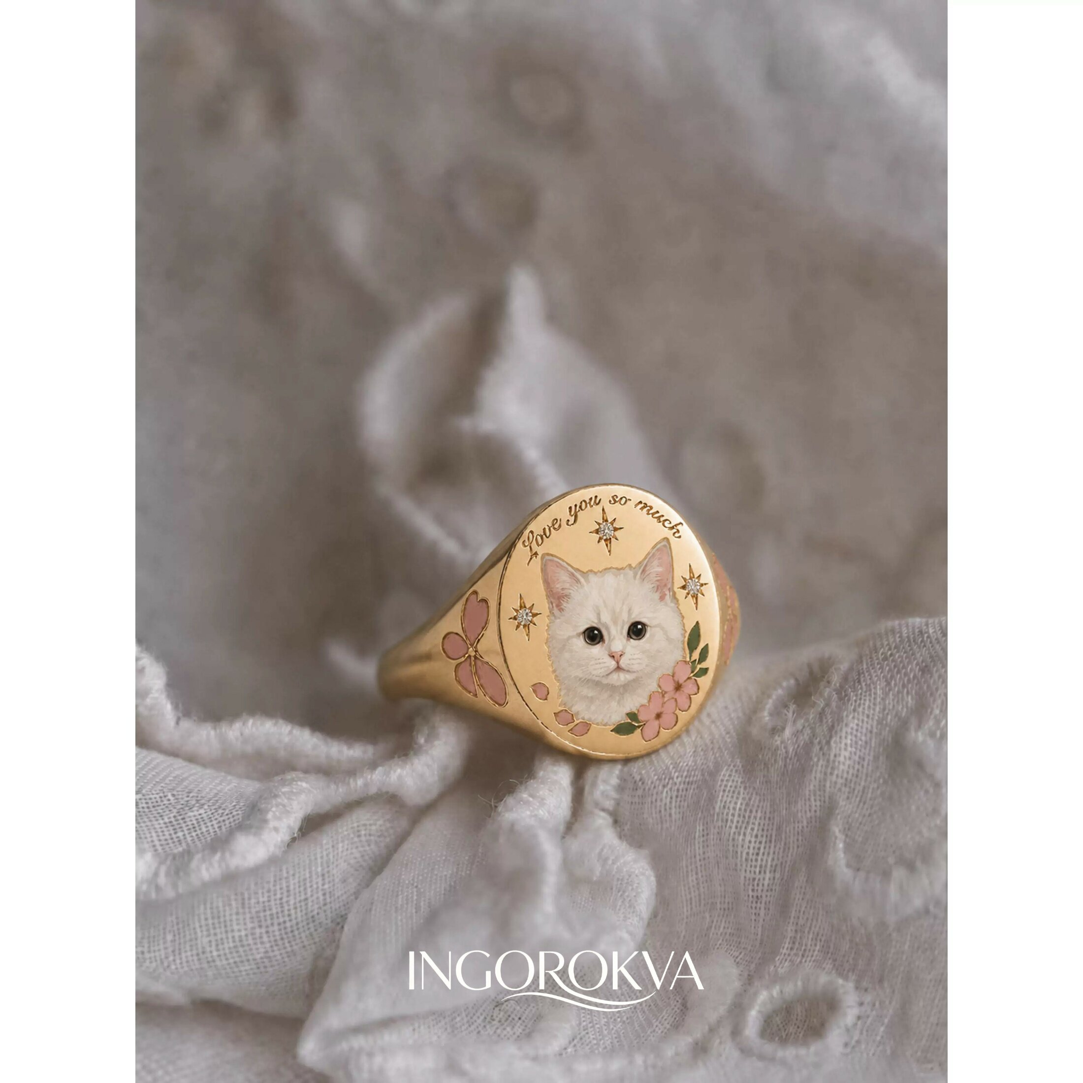Cute cat head enamel diamond wide ring