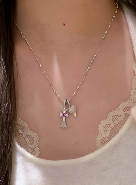 甜心girl~不掉色银拉丝十字架粉钻爱心吊坠跑环银珠锁骨链锁骨链