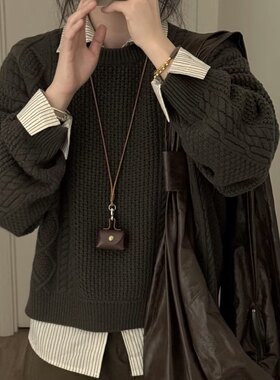 复古皮质耳机套挂件女项链零钱收纳小包配饰锁骨链首饰颈链毛衣链