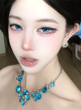 超闪蓝色水晶花朵项链女轻奢高级感重工锁骨链2025新款晚礼服颈链