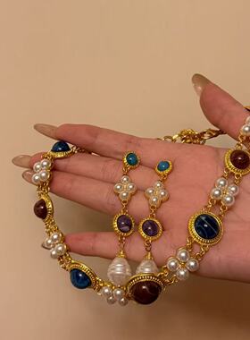 中古vintage轻奢项链宫廷风重工镶钻水滴锁骨链高级感复古项饰女