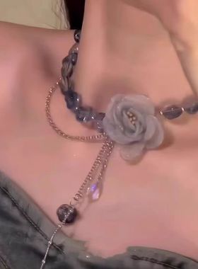 甜酷辣妹网纱蓝色花朵项链爆闪串珠链流苏独特锁骨链小众设计颈链