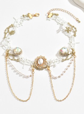 设计感choker洛丽塔白色蕾丝项链ins链条珍珠流苏水钻颈链项圈女