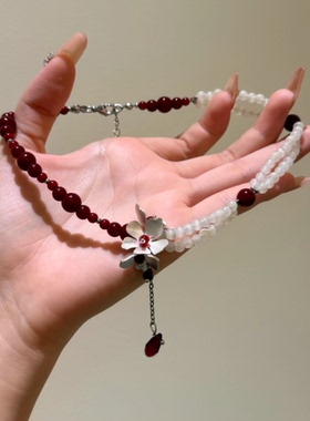 「猩红贝母」小众高级感choker安可拉红色珍珠手链气质锁骨链颈链