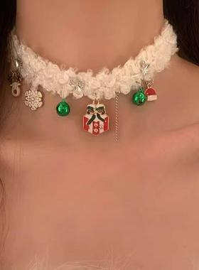 圣诞风!白色毛绒铃铛圣诞帽吊坠项链氛围感小众锁骨链choker装饰