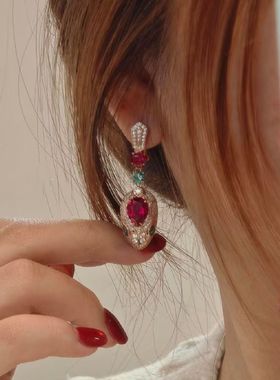 定制！宫廷风红色蛇头满钻耳坠轻奢气质高级感重工耳饰女秋冬新款
