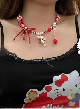 多巴胺彩色串珠猫咪串珠项链女小众设计感高级流苏甜美可爱红色