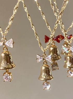 精致圣诞树镶钻铃铛项链甜美女秋冬时尚百搭浪漫项链锁骨链蝴蝶结