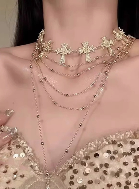 复古夸张气质高级轻奢项链女choker个性辣妹十字架叠戴锁骨链颈链