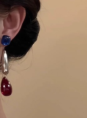 悦色映素~蓝红色撞色长款水滴气质耳环高级感设计小众显白头巾耳