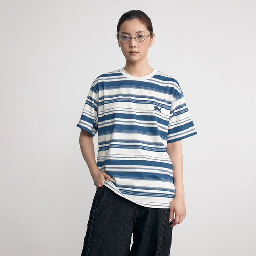 MTVO2026年夏季T恤女落肩舒适百搭休闲通勤复古撞色条纹短袖男 - 图1