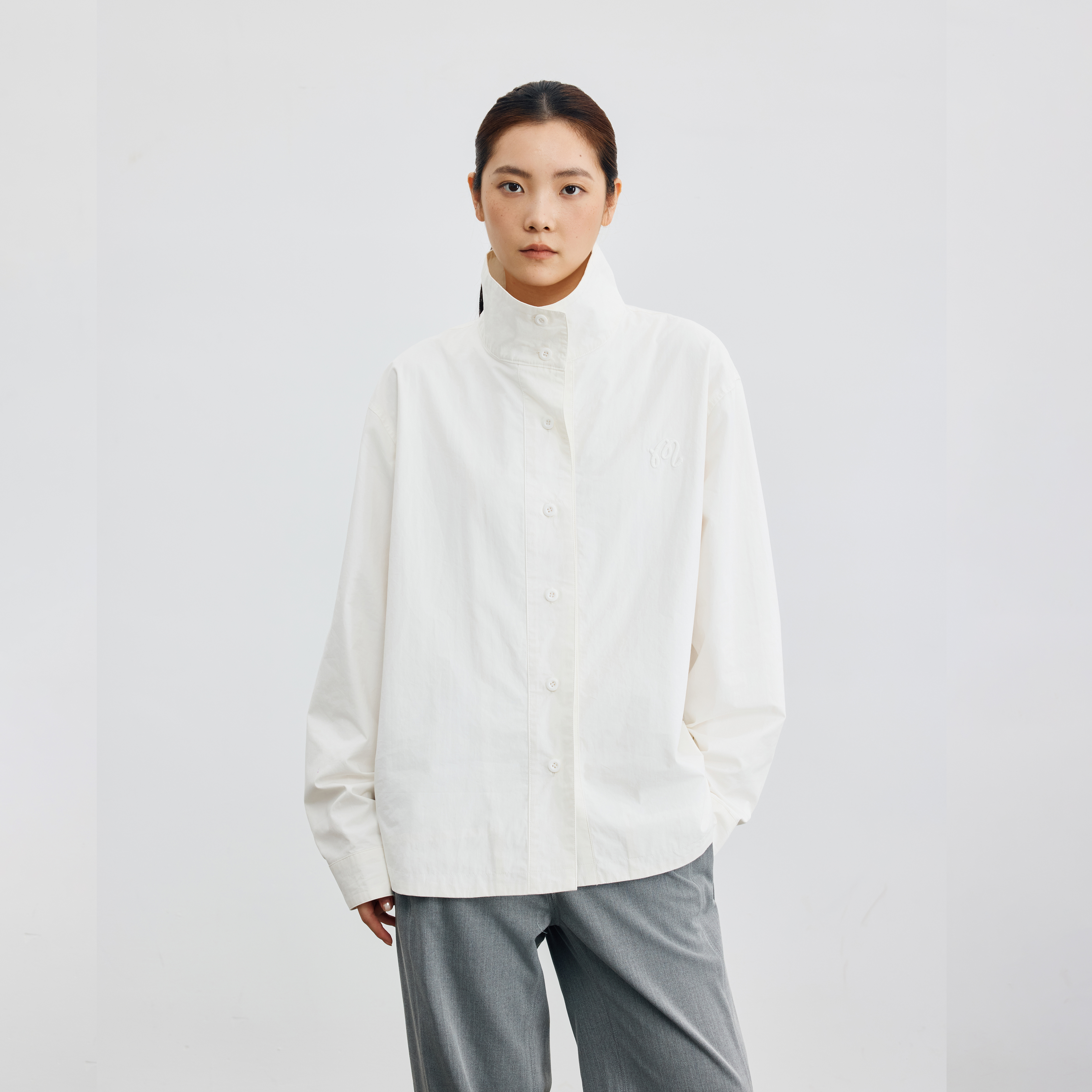 MTVO2025年秋季新品立领衬衫男通勤百搭刺绣长袖衬衣oversize外套 - 图0