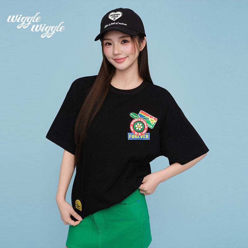 【明星同款】wigglewiggle26夏季新款撞色字母经典圆领短袖T恤 色新实拍商品图