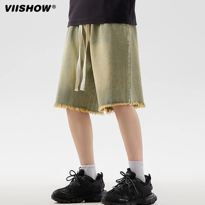 VIISHOW美式复古做旧水洗牛仔短裤男流苏夏季新款宽松直筒五分裤,淘宝优惠券,粉丝福利购,淘宝优惠卷
