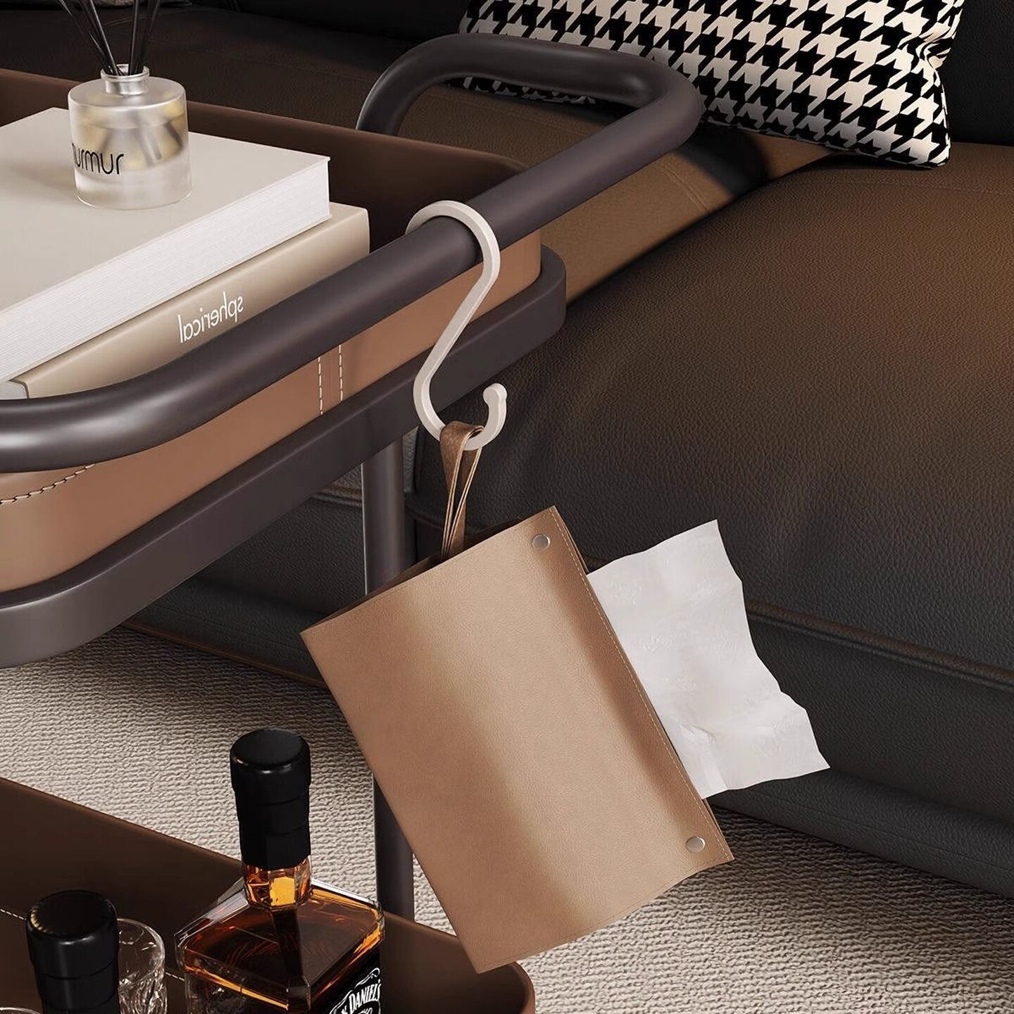 轻奢马鞍皮沙发小推车角几沙发置物架移动带轮床头柜客厅家用茶几