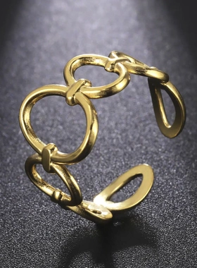 欧美热销几何不锈钢戒指18k金油压戒指椭圆环相扣不掉色钛钢戒指