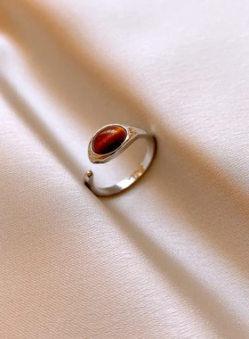 宽面麻花圆形树脂虎眼石开口戒指复古高级感食指戒子美拉德手饰女