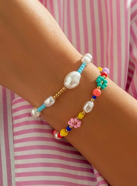 简约小清新米珠串珠套装手链沙滩彩色编织弹力甜酷手饰欧美