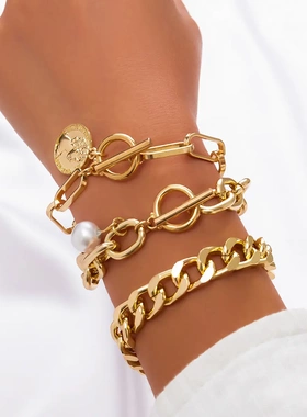 欧美饰品 复古仿珍珠链条串珠手链 简约合金爱心水钻百搭手镯