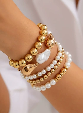 欧美饰品 巴异形珍珠串珠手链 法式复古不规则多层手串女