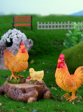 一套公鸡微景观树脂摆件 苔藓跨境装饰摆件DIY造景卡通母鸡小鸡仔