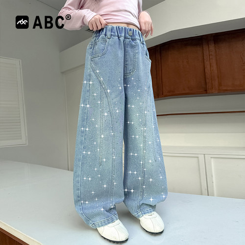 ABC女童春秋牛仔裤2026新款中大童烫钻韩系阔腿裤女孩百搭弯刀裤 - 图2