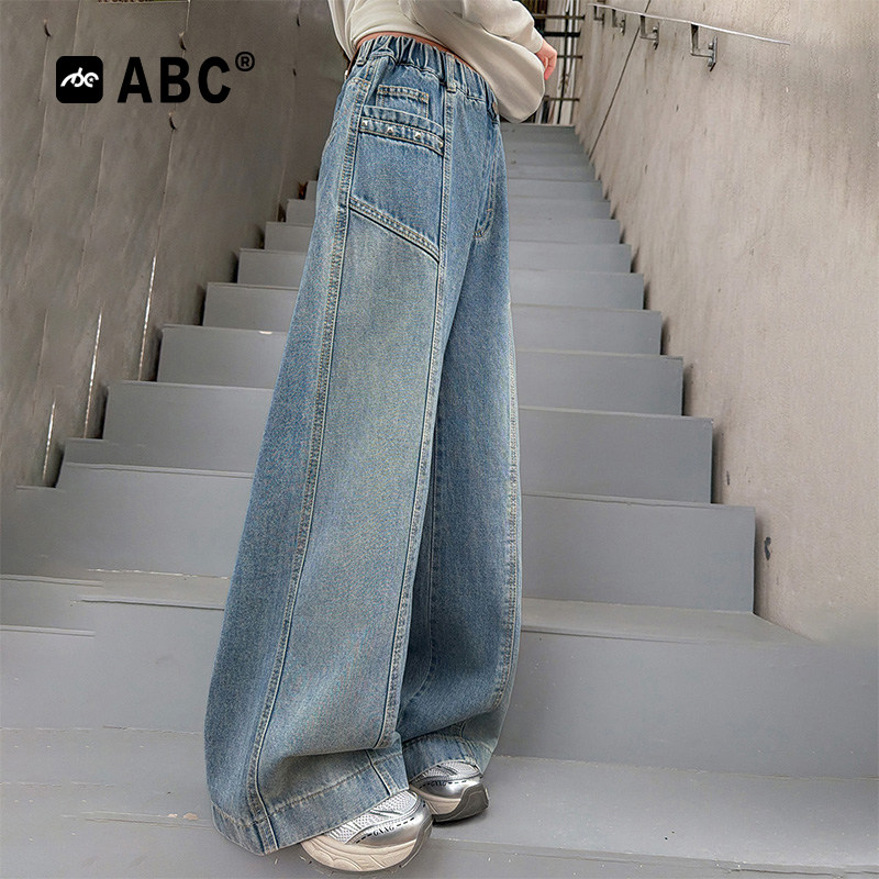 ABC女童春秋牛仔裤2026新款春季贴标拼接阔腿裤中大童时尚休闲裤,淘宝优惠券,粉丝福利购,淘宝优惠卷