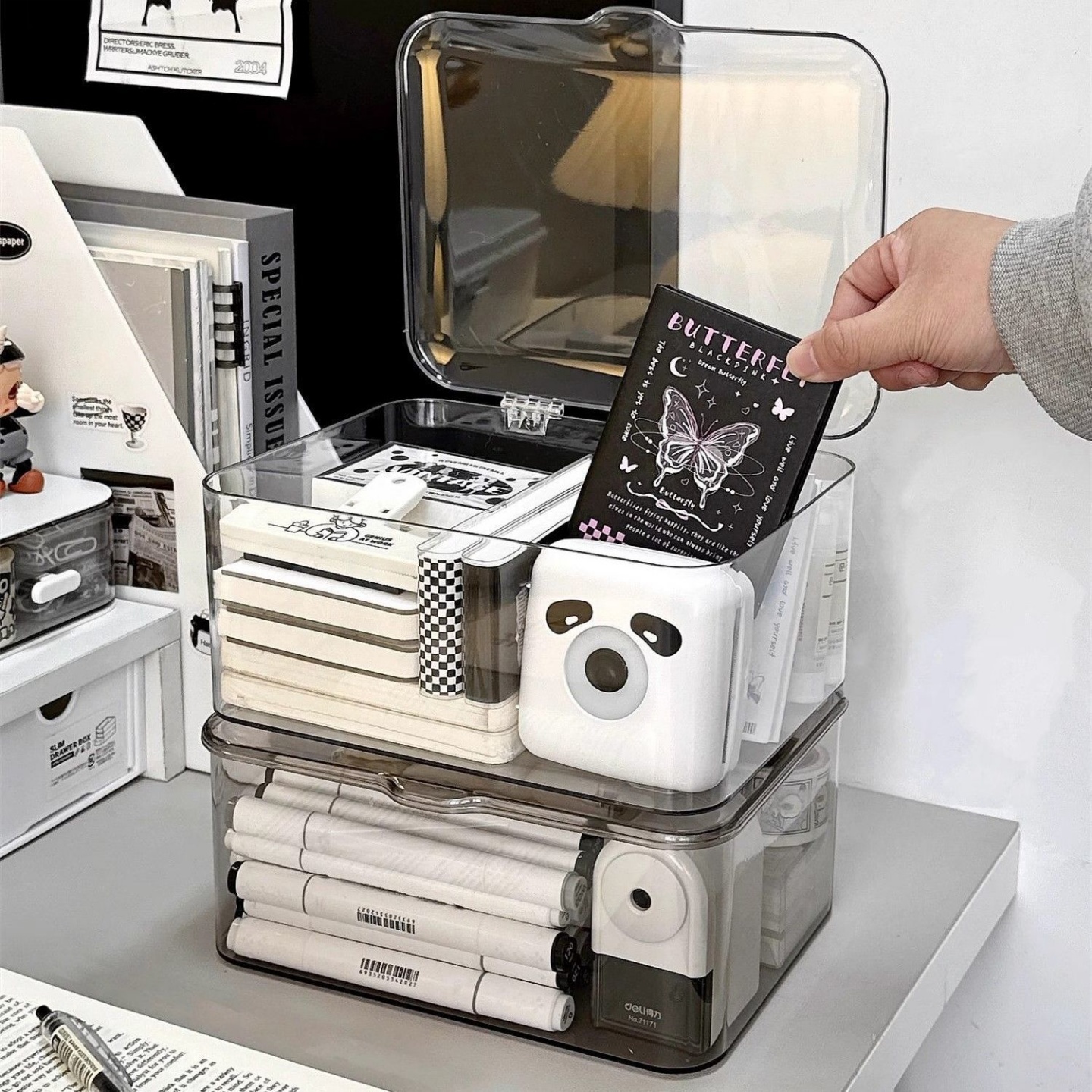 高透亚克力桌面收纳盒翻盖式防尘整理盒卧室宿舍办公室带盖收纳筐