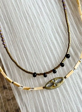 沙丘 美拉德风双层百搭小众棕色系天然石手作串珠项链