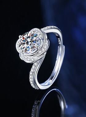 s925纯银莫桑石山茶花戒指女经典四爪简约开口指环戒直播热卖正品