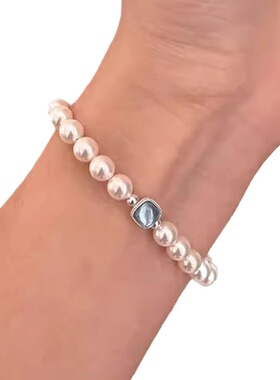 s925纯银晶莹天然方块海蓝宝施家珍珠手链女生轻奢小众新中式手环