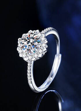 s925纯银正品莫桑石戒指女款太阳花满钻戒子指环求婚结婚饰品