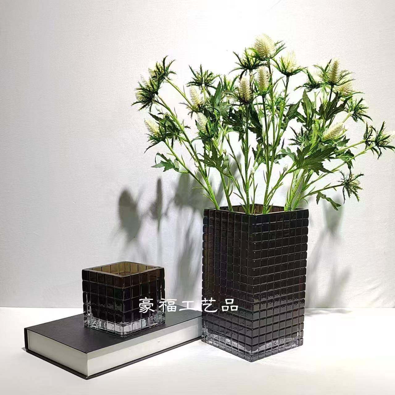 现代简约棕色方格设计玻璃花瓶家居样板房客厅桌面插花装饰摆件,淘宝优惠券,粉丝福利购,淘宝优惠卷