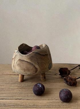 侘寂风木质高脚托盘客厅茶几水果零食盘简约实木收纳盘软装摆件