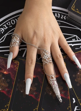 欧美饰品 哥特风镂空锥形指甲套连指戒指 小众金属流苏指环女