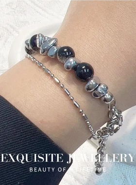 碎银黑色爆裂珠双层拼接钛钢手链女个性嘻哈百搭小众手饰轻奢手串