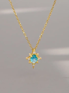 s925银蓝色锆石八芒星吊坠项链女复古轻奢高级感锁骨链配饰