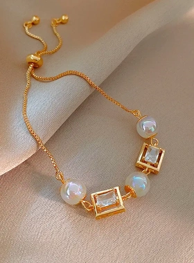 韩国个性锆石方形人鱼姬珍珠抽拉式手链设计时尚手环高级感手饰女