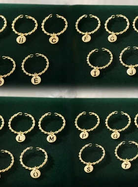 s925银麻花扭26个字母吊牌戒指女个性潮开口时尚小众指戒新