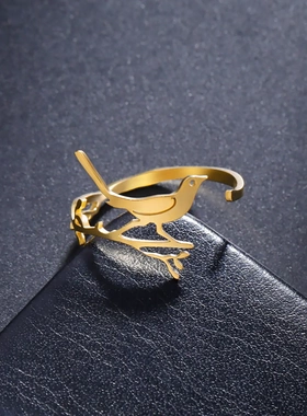 个性时尚小众切割走路的小鸟戒指开口可调节不锈钢女戒指闺蜜礼物