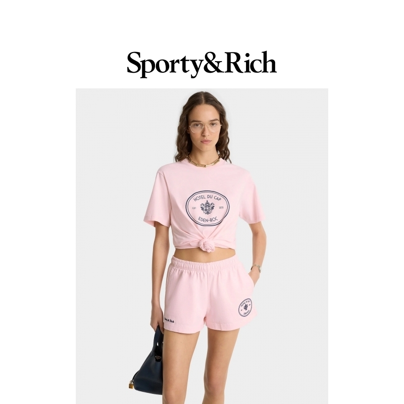 Sporty&Rich Eden-Roc联名系列男女同款海豚粉休闲T恤短裤套装