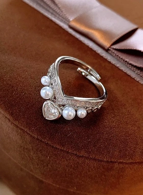 真金电镀锆石珍珠心形开口戒指欧美复古食指戒气质轻奢高级感手饰