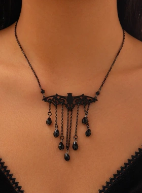 欧意暗黑万圣节蝙蝠水晶吊坠项链 甜酷ins流苏链条项饰女