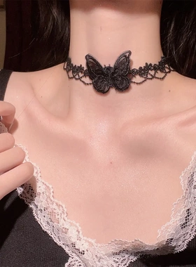 日韩黑色丝绒蕾丝立体锁骨颈链气质仙气酷酷的脖子项圈